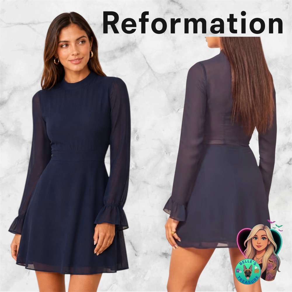 Reformation Womens 10 Fox Dress Navy Blue High Neck Ruffle Cuff Long Sleeve Mini